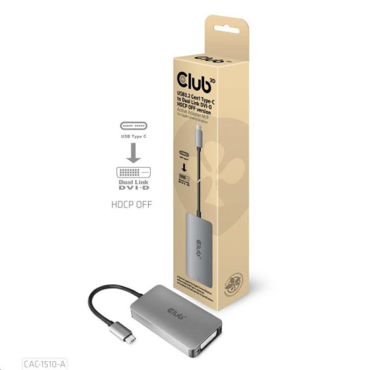 BAZAR Club3D Adaptér aktivní USB 3.2 typ C na DVI-D Dual Link 4K30Hz pro Apple Cinema Display, HDCP off - ROZBALENO