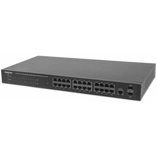 Intellinet 24-portový gigabitový prepínač s webovým riadením PoE a 2 portami SFP (240 W), 24 portov PoE+/PoE 802.3at/af