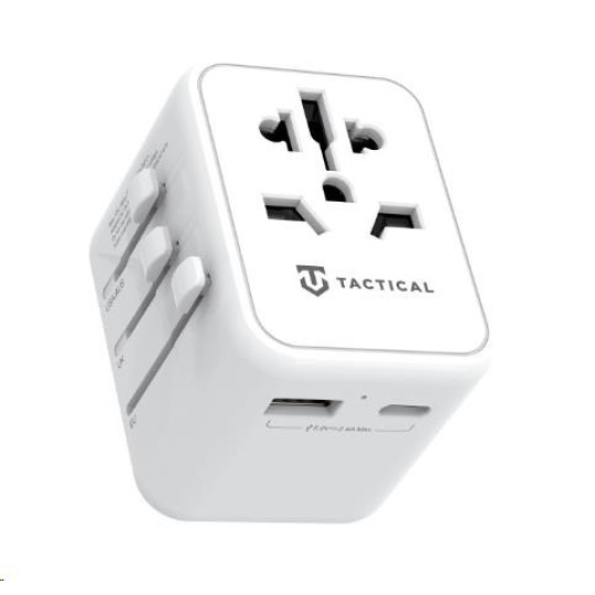 Tactical cestovní adaptér pro EU/UK/USA/JAP/AUS/CNY, 1x USB-C + 1x USB A, 12W, bílá