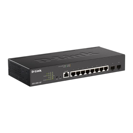 D-Link DGS-2000-10P Spravovaný PoE switch, 8x GbE PoE+, 2x SFP, PoE 65W, bez ventilátora