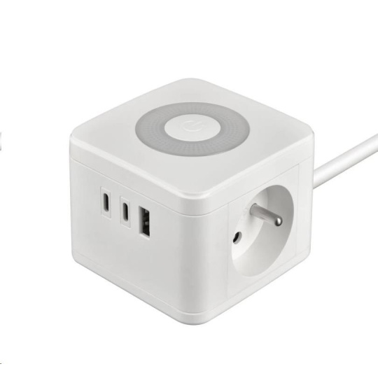 Viking síťový adaptér YC23L, 2x 230 V, 1x USB-A, 2x USB-C, dotykové světlo, délka 1,4 m, bílá