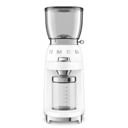 Smeg CGF01WHEU, mlýnek na kávu, 150 W, nastavitelná hrubost, nerezový mlýnek, nádoba z tritanu, bílý