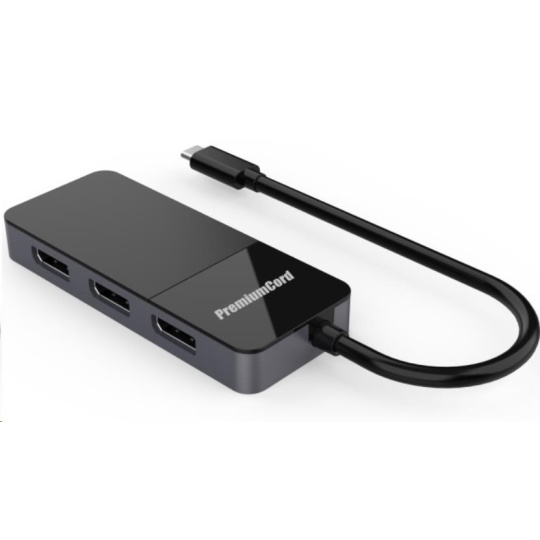 PremiumCord USB-C (DP1.4) na 3x DP1.4 Adaptér MST 8K rozšírené, zrkadlenie, duplicitné režimy zobrazenia na troch monitoroch