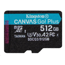 Kingston MicroSDXC karta 512GB Canvas Go! Plus, R:170/W:90MB/s, Class 10, UHS-I, U3, V30, A2