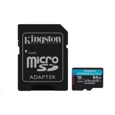 Kingston MicroSDXC karta 64GB Canvas Go! Plus, R:170/W:70MB/s, Class 10, UHS-I, U3, V30, A2 + Adaptér